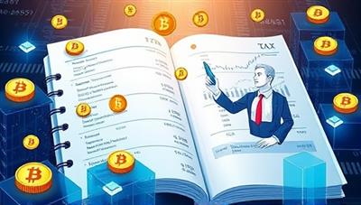 An illustration of a digital ledger with cryptocurrency symbols and financial data flowing through blockchain blocks, with a virtual advisor providing guidance on tax implications and compliance for crypto investments, symbolizing expert cryptocurrency accounting and tax advisory services.
