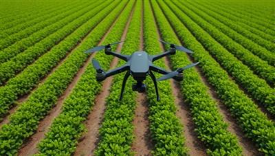 An aerial view captured by a drone showing lush green farmland with precision crop rows, highlighting the drone's capability in providing detailed crop monitoring data and insights for farmers.