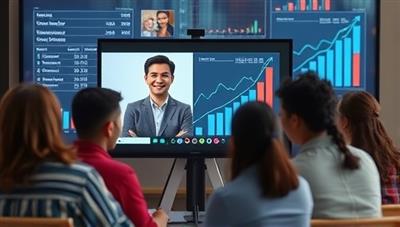 An artistic representation of a virtual CFO providing guidance to a group of diverse startup founders via a video call, with financial charts and growth projections visible on a digital screen in the background, illustrating strategic financial planning and support.