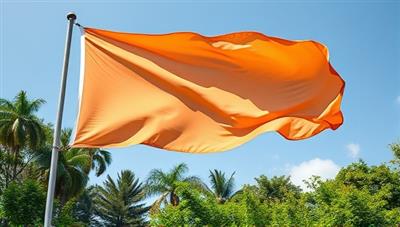 An artistic representation of a vibrant, eco-friendly vinyl banner blowing in the wind against a backdrop of lush greenery and clear skies, symbolizing the harmony between nature and sustainable advertising practices.