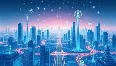 A futuristic cityscape illustration featuring interconnected devices and infrastructure powered by 5G technology, showcasing the potential of high-speed connectivity, IoT applications, and digital transformation enabled by 5G Connect Solutions' consulting services.