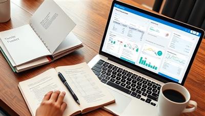 A freelancer's workspace with a laptop open to the SoloFin Toolkit interface displaying various financial tools and templates, alongside a notebook with income tracking details and a cup of coffee, reflecting a freelancer's efficient financial management setup.