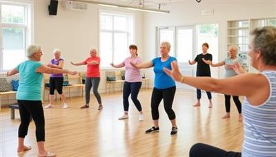 An inclusive fitness class setting with seniors participating in gentle exercises, stretching routines, and meditation sessions led by experienced instructors in a welcoming and supportive environment, promoting health and active aging.