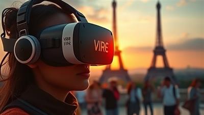 An evocative VR headset displaying a user exploring a digital rendition of the Eiffel Tower at sunset, surrounded by virtual tourists and immersive cultural details, capturing the essence of VR Wanderlust's transformative travel experiences.