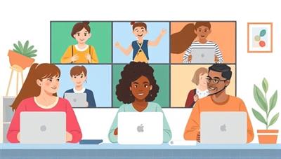 An illustration of a diverse group of students and tutors engaging in online tutoring sessions through a virtual platform, showcasing collaboration and learning in a digital environment.