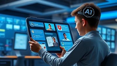 A futuristic depiction of a student interacting with the EduAI Mentor platform on a tablet, showing a personalized study plan, interactive lessons, and virtual tutors providing assistance, creating a dynamic and engaging learning environment.