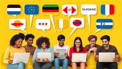 A vibrant visual of a diverse group of individuals engaging in virtual language exchange sessions on laptops and tablets, with speech bubbles displaying different languages being spoken, symbolizing cultural exchange and learning diversity.