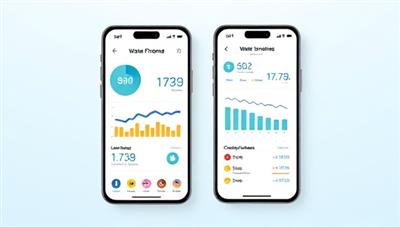 An engaging app interface showcasing a user-friendly water consumption dashboard with colorful graphics, achievement badges, and water-saving challenges, creating an interactive and educational experience for users focused on water conservation and sustainability.