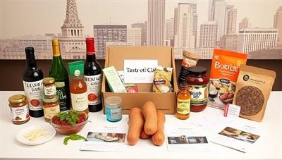 A beautifully arranged table showcasing a variety of local food products, artisanal ingredients, and recipe cards from the Taste of [City Name] subscription box, set against the backdrop of iconic landmarks or cityscapes that represent the culinary diversity of the city.