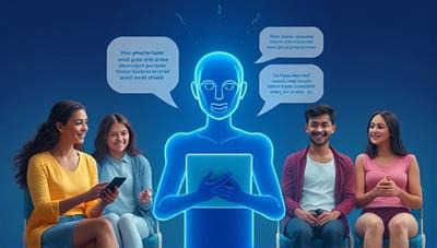 An artistic representation of a digital wellness assistant avatar providing tailored advice to a diverse group of users engaged in various wellness activities, illustrating the personalized and supportive nature of the WellnessWise AI platform.