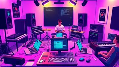 A vibrant illustration of a virtual music production class, with students engaged in creating beats on their laptops, surrounded by musical instruments and sound mixing equipment, exuding a dynamic and creative atmosphere.
