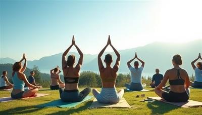 A serene outdoor setting with individuals practicing yoga and meditation, surrounded by nature and disconnected from technology, portraying the essence of tech wellness and digital detox retreat.