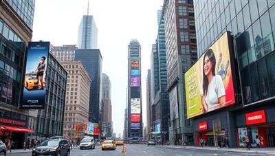An urban cityscape scene with strategically placed digital billboards displaying dynamic and personalized ads based on real-time data, illustrating the innovative and data-driven approach of UrbanPulse Ads' outdoor advertising solutions.