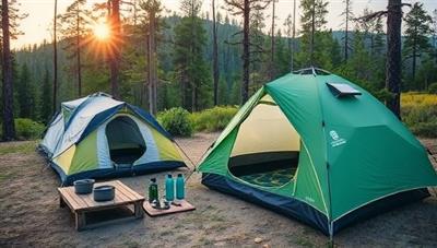 A picturesque outdoor setting featuring a campsite adorned with GreenGearGetaway's eco-friendly rental gear, including recycled tents, solar chargers, compostable cookware, and reusable water bottles, showcasing the harmony between nature and sustainable outdoor gear.