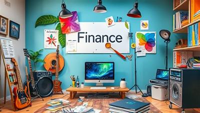 An artistic representation of CreativeLedgers' services, featuring a vibrant studio setup with paints, instruments, and digital devices, symbolizing the fusion of creativity and finance in a visually appealing and inspiring manner.