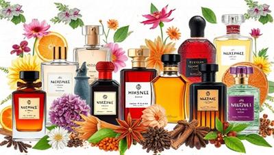 An artistic and aesthetic digital collage featuring a variety of perfume bottles, floral arrangements, exotic spices, and colorful scent profiles, creating a visual feast for the senses and evoking the world of luxury fragrances.