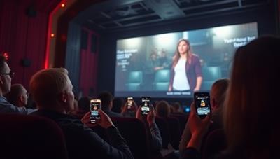 A captivating movie theater scene with audience members actively engaged on their smartphones, casting votes that impact the on-screen story, creating an immersive and interactive cinematic experience.