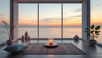 A serene virtual space with calming visuals and mindful elements, symbolizing the peaceful and supportive environment offered by MindfulMentors for mental wellness coaching sessions, promoting relaxation and emotional well-being.