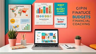 A vibrant and modern workspace with a laptop showcasing budgeting apps, colorful financial infographics on the walls, and motivational quotes related to financial empowerment, creating an inspiring and youth-friendly atmosphere for financial coaching sessions.