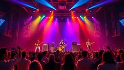 A vibrant digital stage setup with colorful lights, musical instruments, and a virtual crowd cheering, capturing the energy and excitement of a live music concert in a virtual setting.