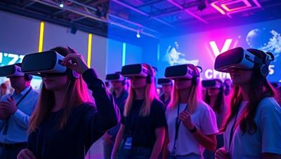 A group of people wearing VR headsets and interacting with virtual environments in a futuristic setting, with colorful lights and digital effects creating an immersive and engaging experience, capturing the essence of VR Oasis.