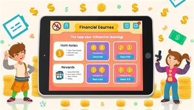 An engaging game interface with financial challenges, quizzes, and rewards displayed on a tablet screen, surrounded by animated characters and financial symbols, symbolizing interactive learning and financial mastery.