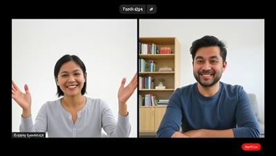 A split-screen image showing a person engaging in a virtual language practice session with a native speaker, displaying enthusiasm and cultural exchange through body language and facial expressions.
