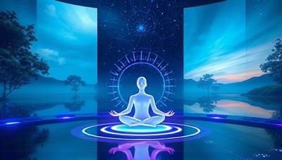 An artistic visualization of a serene digital wellness environment with calming visuals, nature sounds, and a meditating individual surrounded by a digital aura of relaxation and mindfulness, symbolizing the essence of the MindfulTech Oasis platform.