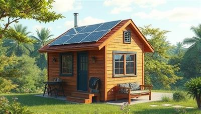An artistic rendering of a sustainable tiny home design featuring solar panels, recycled materials, and innovative space-saving solutions, set against a backdrop of lush greenery and serene natural surroundings to evoke a sense of eco-friendly living.