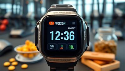 A sleek, high-tech smartwatch displaying personalized workout data, surrounded by gym equipment and healthy snacks, creating a futuristic and motivational fitness atmosphere.