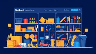A digital illustration of the BuildMart Exchange marketplace interface, featuring a variety of construction materials, tools, and equipment displayed in an organized and user-friendly layout, highlighting the platform's convenience and efficiency in material procurement.
