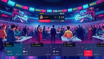 A dynamic illustration of gamers competing in an esports arena, with a digital interface showing live betting options and player statistics, capturing the excitement and competitive spirit of skill-based esports betting.