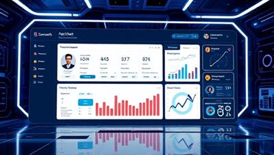 A sleek and futuristic digital interface displaying the ScreenSmart AI dashboard with candidate profiles, skill matches, and performance metrics, showcasing the efficiency and data-driven insights provided by the AI-powered screening tool in modern recruitment practices.