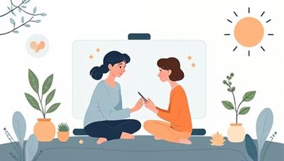 An emotional digital illustration of a virtual mental health coaching session, showing a coach and a client engaging in a supportive conversation on a virtual call, surrounded by calming nature elements and mindfulness symbols, conveying empathy and mental well-being.