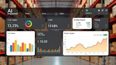 An AI-powered inventory management dashboard displaying real-time stock levels, order statuses, and predictive analytics charts, with a warehouse background busy with automated inventory movements and optimized storage layouts, showcasing efficiency and technology integration.