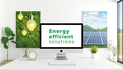 A modern virtual meeting room setup with a computer displaying energy-efficient solutions, surrounded by images of eco-friendly light bulbs, solar panels, and green landscapes, evoking a sense of sustainability and innovation.