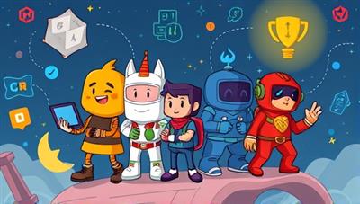 An animated illustration showing characters representing different coding languages embarking on a coding quest together, surrounded by digital challenges and rewards, capturing the essence of gamified learning in coding education.