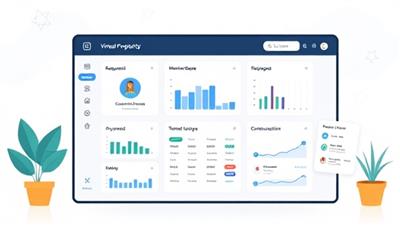 A digital illustration depicting a virtual property management dashboard with interactive tools for maintenance requests, financial tracking, and tenant communication, creating a seamless and efficient virtual property management experience for landlords and property owners.