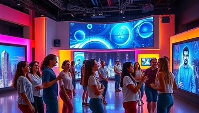 A vibrant and colorful studio interior with people of diverse backgrounds interacting joyfully with AR/VR displays and interactive advertisements, showcasing a futuristic and engaging atmosphere.
