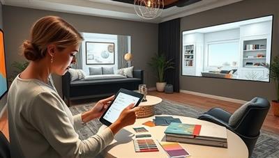 An elegant virtual design studio setup with a designer sketching on a tablet, surrounded by color swatches, fabric samples, and inspirational design books. The backdrop features a beautifully designed room rendered on a large screen, illustrating the virtual design process.