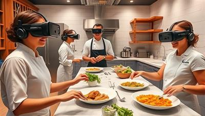 An immersive virtual kitchen setting with users wearing VR headsets, following cooking instructions from a virtual chef, preparing ingredients, and creating delicious dishes, showcasing the interactive and hands-on cooking experience offered by the VR Chef Academy.