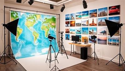 An artistic studio setup with photography equipment, travel-inspired backdrops, and a gallery wall displaying captivating travel images, evoking a sense of wanderlust and creativity in the space of Wanderlust Capture Studio.