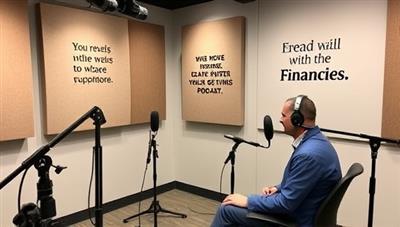 A podcast studio setup with microphones, soundproofing panels, inspirational quotes on the walls, and a host preparing for an episode recording, capturing the essence of professional podcast production and financial wisdom sharing in the WealthWisdom Podcast platform.