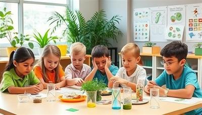 A vibrant classroom setting with kids engaged in hands-on STEM experiments using recycled materials, plants in the background, and eco-friendly educational posters on the walls, creating a green and interactive learning environment.