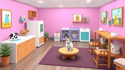 A virtual pet adoption center environment with various virtual pets waiting to be adopted, interactive feeding and playing stations, and a cozy pet lounge area, inviting users to experience the joy of virtual pet ownership and companionship.