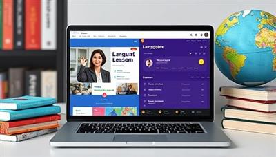 A laptop screen split into two sections, one showing a virtual language lesson with a tutor and the other displaying language exercises and a progress tracker, surrounded by foreign language textbooks and a globe, symbolizing the global reach and educational aspect of the platform.