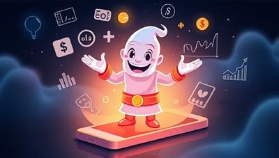 An artistic representation of a futuristic AI assistant, depicted as a friendly genie emerging from a smartphone screen, surrounded by financial symbols and graphs, illustrating the intelligent and supportive nature of the FinGenie AI platform.