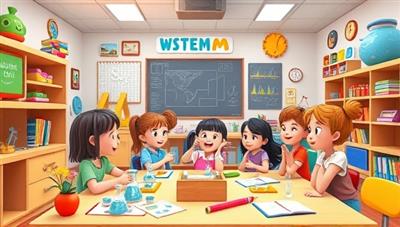 An animated virtual classroom filled with colorful STEM tools, interactive learning resources, and enthusiastic children engaging in a virtual science experiment, illustrating a fun and educational environment for young learners.