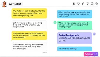 An interactive chat interface with AdViseBot providing advertising recommendations and insights to a user, with colorful dialogue bubbles and data visualizations, illustrating the AI chatbot's dynamic and engaging assistance in advertising decision-making.