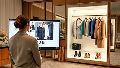 An elegant virtual styling session setup with a stylist showcasing outfit options on a digital screen, a client providing feedback through video chat, and a virtual closet displaying curated fashion pieces and accessories, evoking a personalized and luxurious virtual shopping experience.